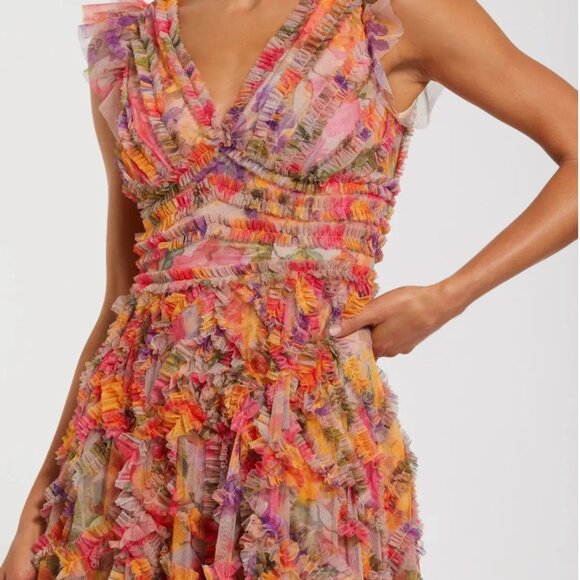 Mac Duggal  Multicolor Floral V-neck Ruffle Maxi Dress   Size 4 - Picture 2 of 9